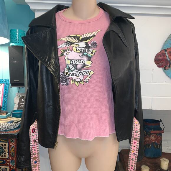 VINTAGE 90's ANKH PINK THERMAL TOP-XS-Peace Love Freedom Tattoo Biker - Picture 2 of 7